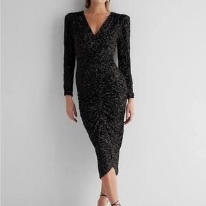 Express Black Sequin Wrap Dress with Puff Sleeves